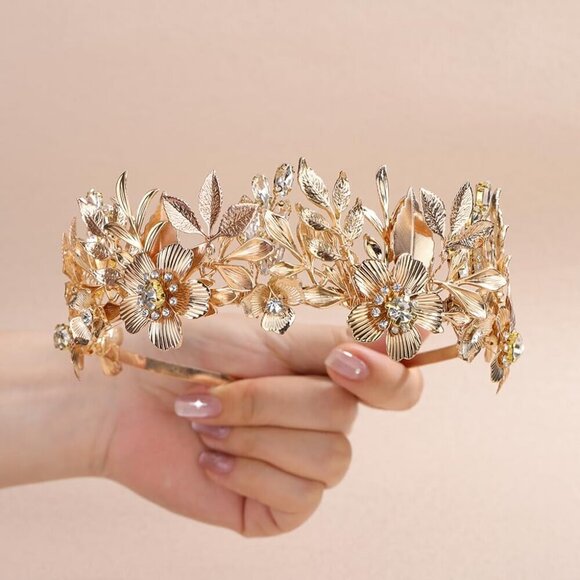 Vintage Gold Flower Leaf Headband Bridal Tiara Hair Accessories for Women main image 4